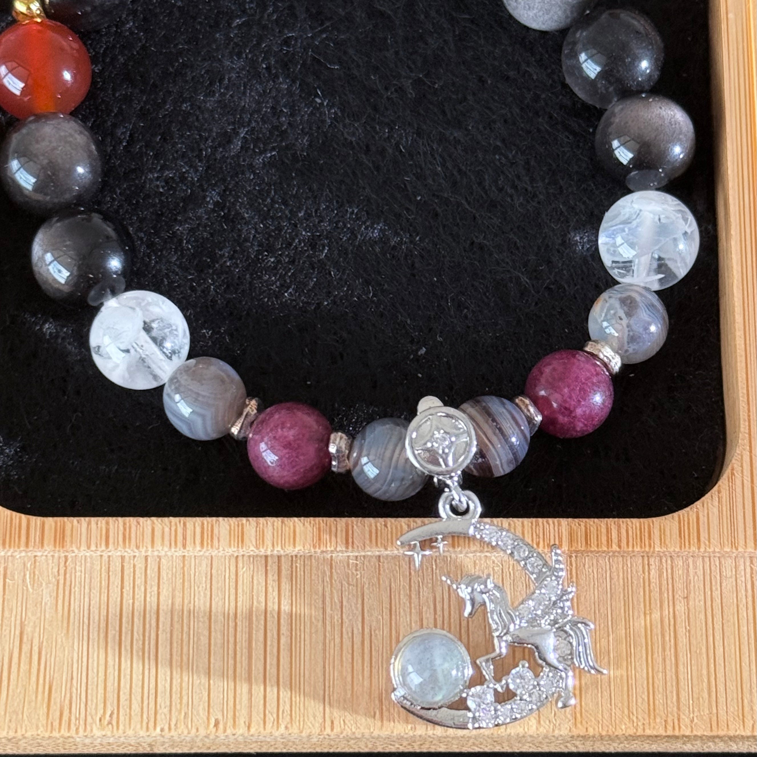 Crescent Moon Unicorn Pendant Bracelet | Multi-Gemstone Natural Obsidian Crystal Bead Bracelet