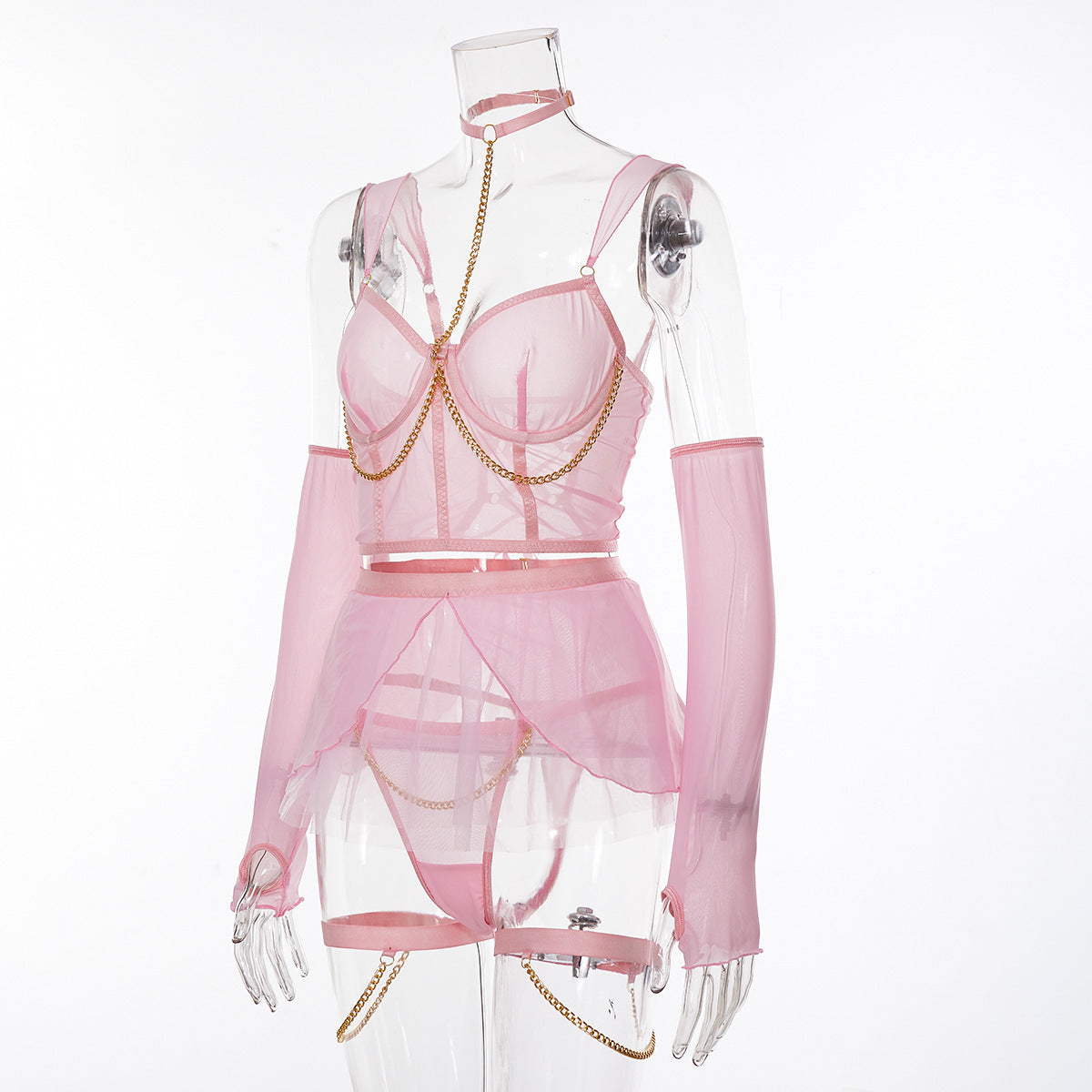 Mesh Neck Hanging Chain Lingerie Skirt Suit Assembly Gloves