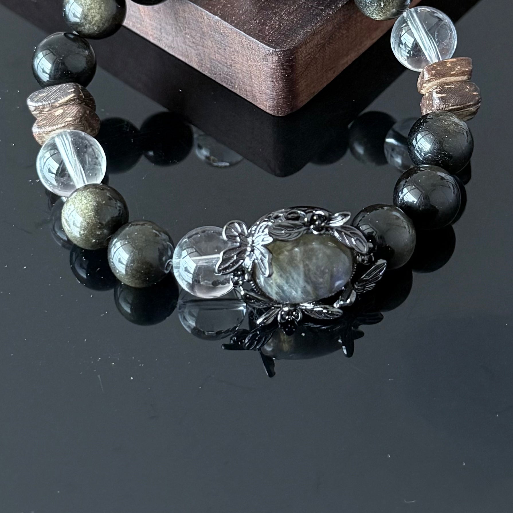 Labradorite Protection Bracelet with Gold Sheen Obsidian & Clear Quartz