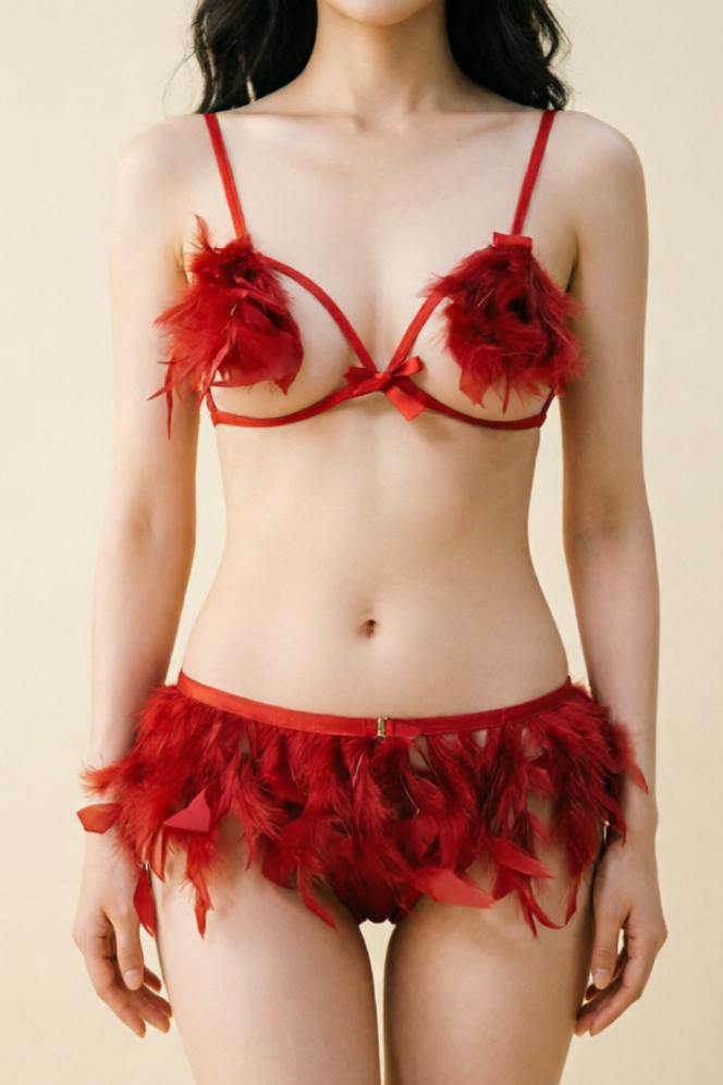 Bell Tail Bunny Feather Trim Bralette and Brief Set