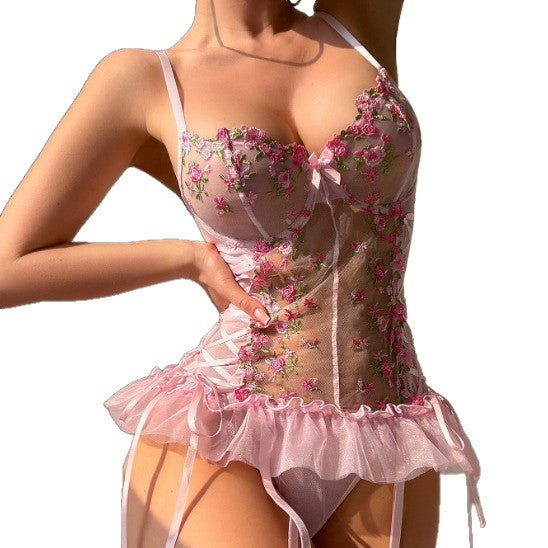 Pink See-through Flower Embroidered Mesh Jumpsuit Suspender Lingerie