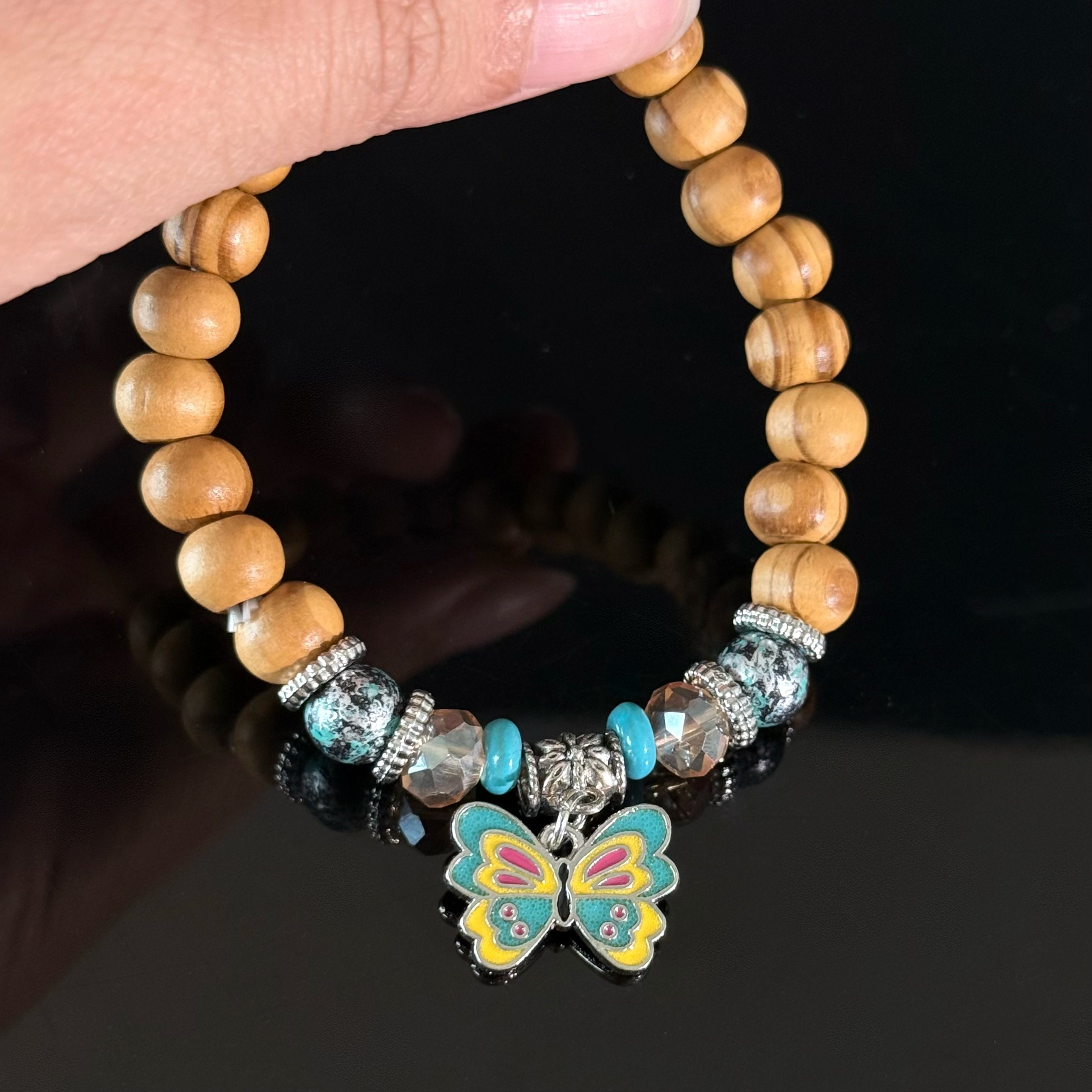 Gemini Zodiac Wooden Bead Bracelet with Butterfly Charm