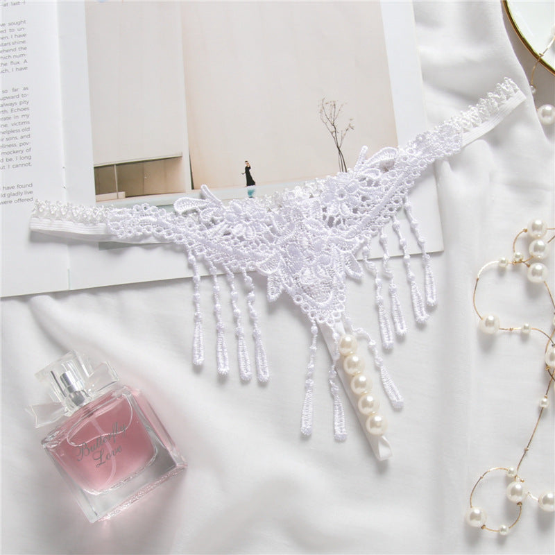 Embroidered Tassel Pearl Open Crotch Thong