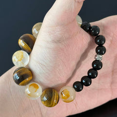Handcrafted Tiger's Eye & Clear Quartz Beaded Bracelet — Black Agate Protective Energy Stretch Bracelet