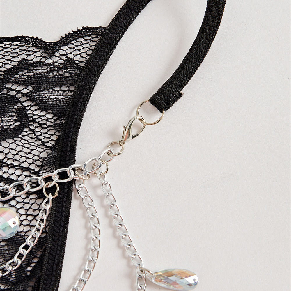 Thong Lace Water Drop Gem Embellished Breathable