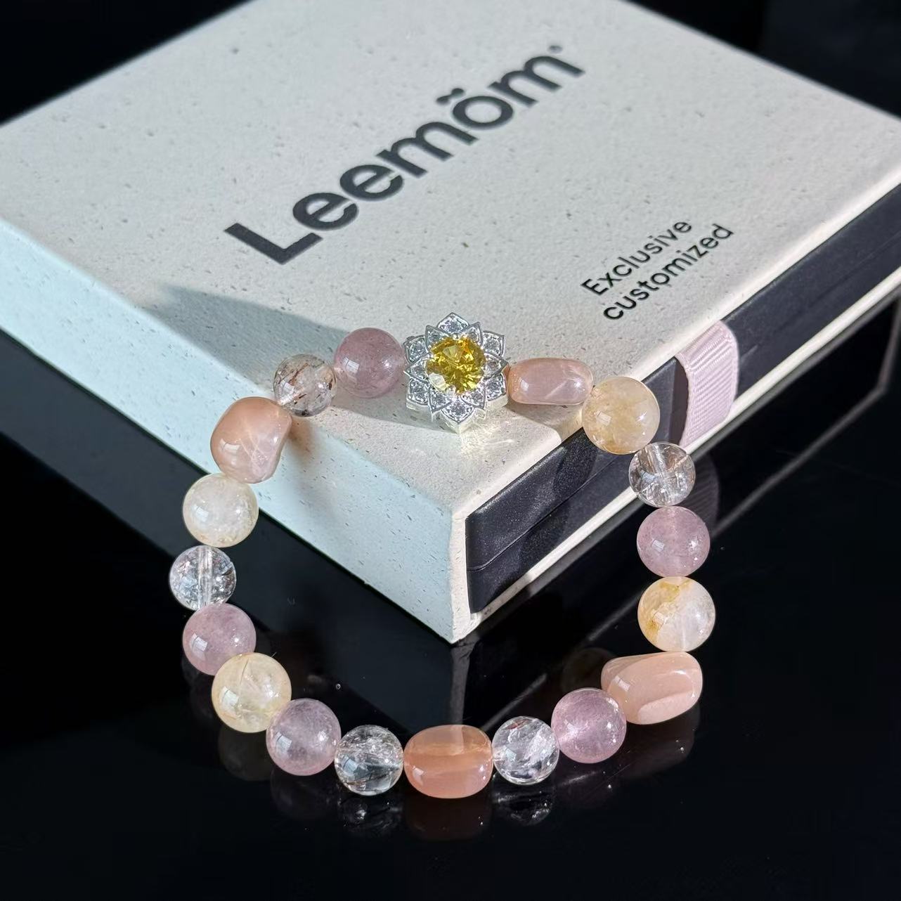 Sunstone, Rose Quartz Citrine Crystal Bracelet – Handmade Healing Beaded Bracelet with Floral Charm