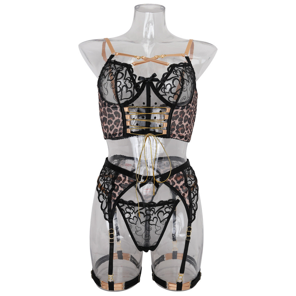 Embroidered Leopard Print Mesh Fashionable Contrasting Color Lingerie Five Piece Set