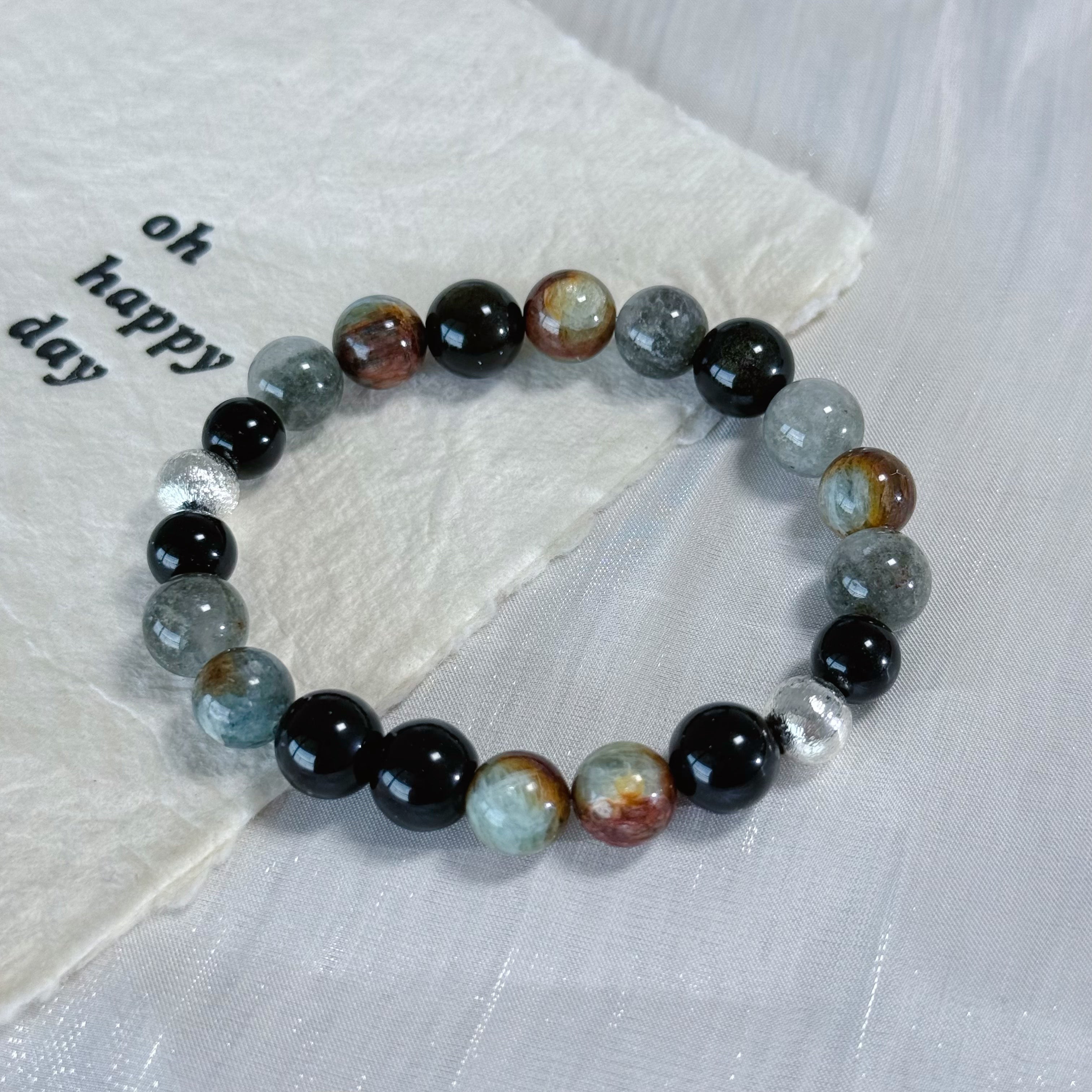 Natural Obsidian & Phantom Quartz Multi-Stone Bracelet | Grounding & Protection Crystal Jewelry