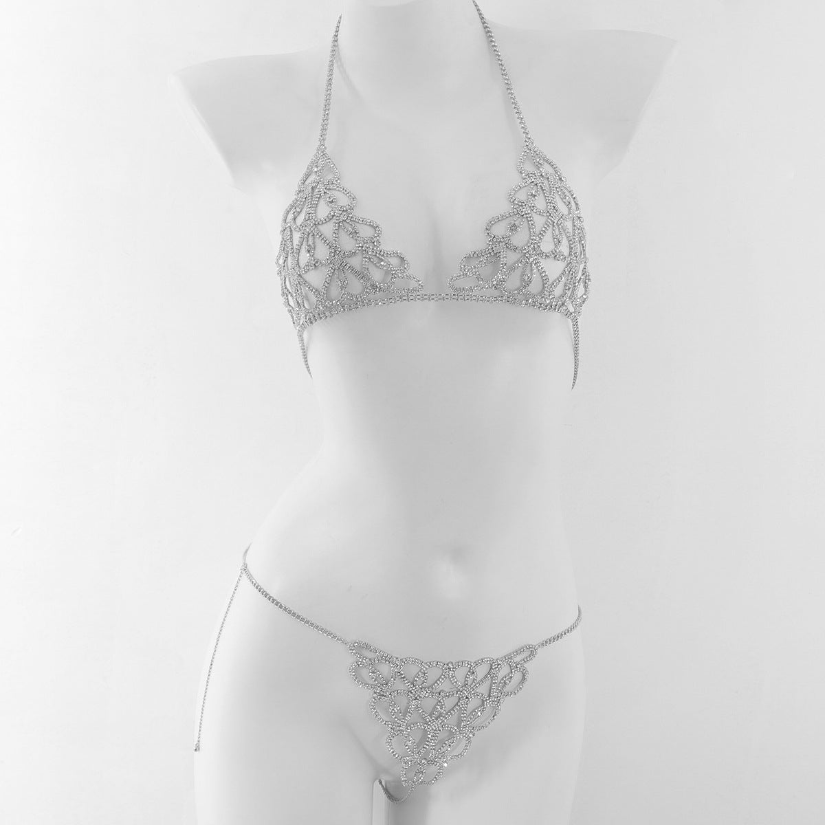 Water diamond Diamond studded Heart shaped Decorations Nightclub Body Chain Bra Set