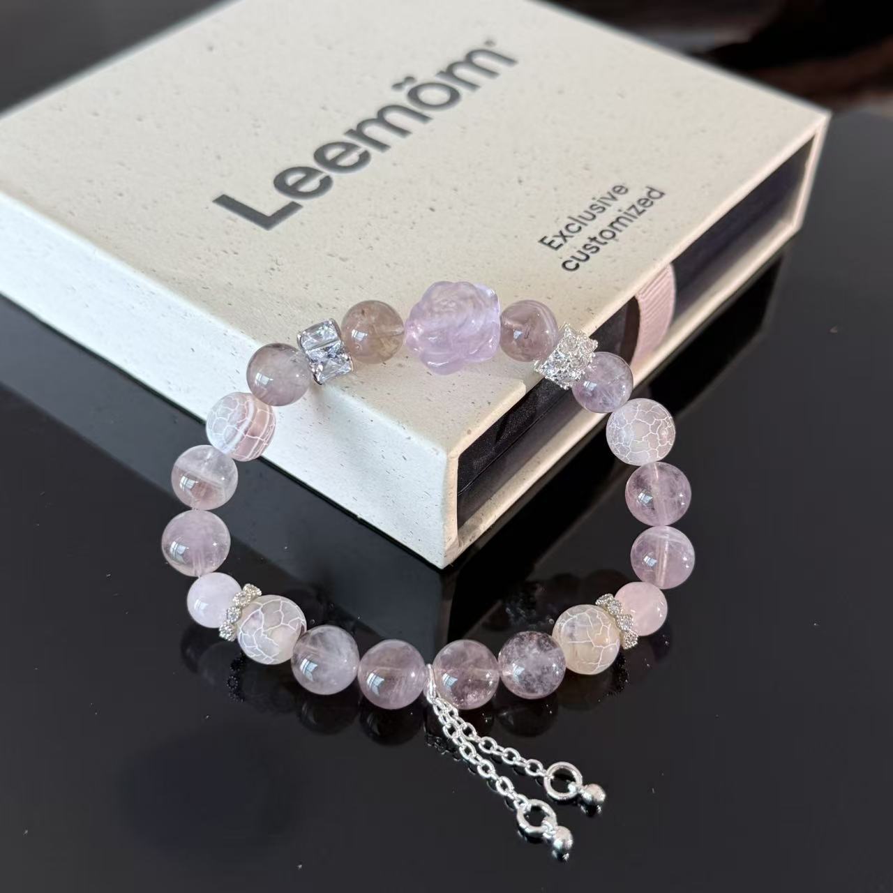 Handcrafted Lavender Amethyst & Rose Quartz Bracelet — Elegant, Healing Crystal Beaded Bracelet with Flower Charm