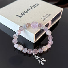 Handcrafted Lavender Amethyst & Rose Quartz Bracelet — Elegant, Healing Crystal Beaded Bracelet with Flower Charm