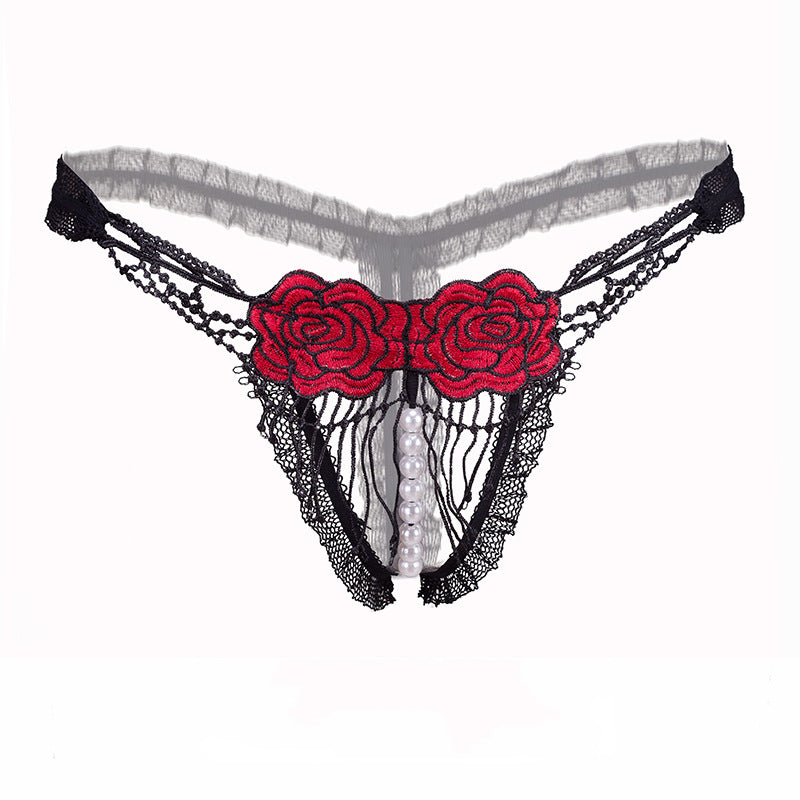 Open Crotch Mesh Flower Embroidery Thong