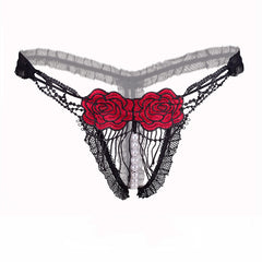 Open Crotch Mesh Flower Embroidery Thong