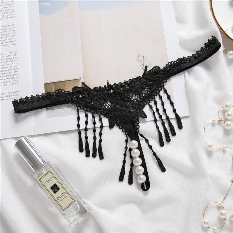 Embroidered Tassel Pearl Open Crotch Thong