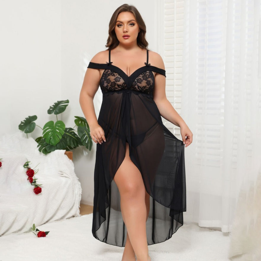 See-through off-the-Shoulder Pajamas Suit Transparent Lace Long Dress
