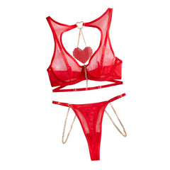 Lingerie Red Love Chain Comfortable Perspective Mesh Fun Two - piece Set