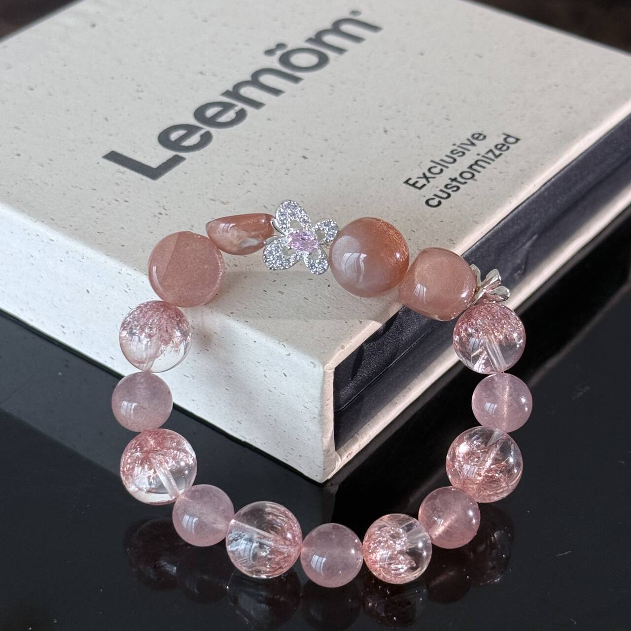 Pink Strawberry Quartz and Rose Crystal Bracelet – Handmade Gemstone Elastic Bracelet