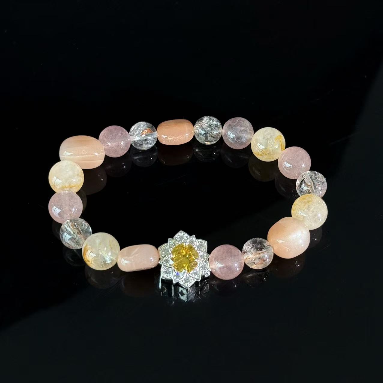 Sunstone, Rose Quartz Citrine Crystal Bracelet – Handmade Healing Beaded Bracelet with Floral Charm