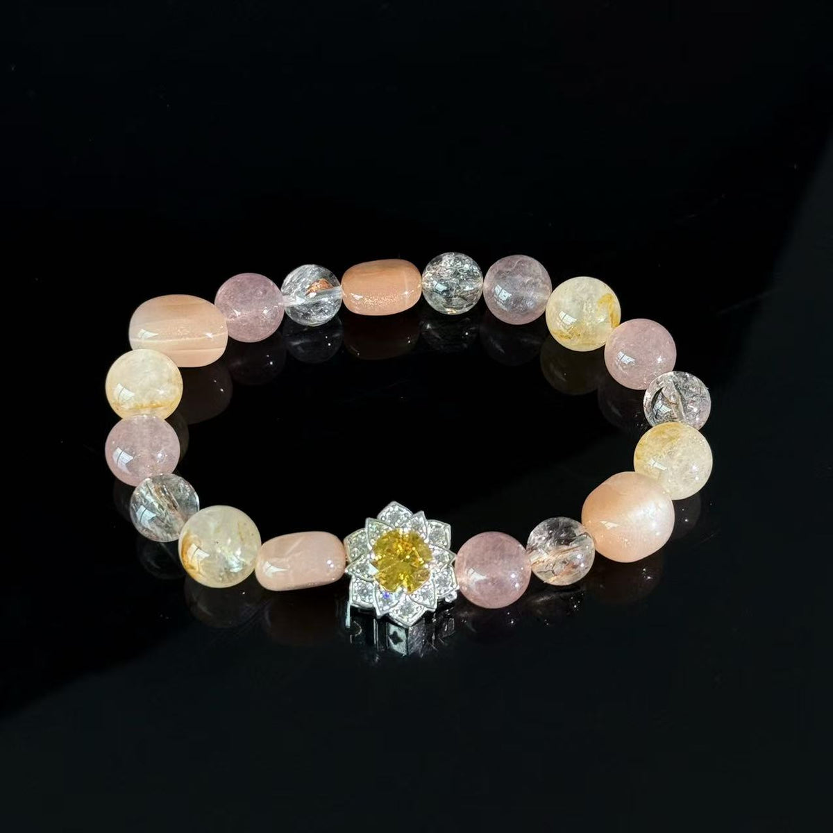 Sunstone, Rose Quartz Citrine Crystal Bracelet – Handmade Healing Beaded Bracelet with Floral Charm