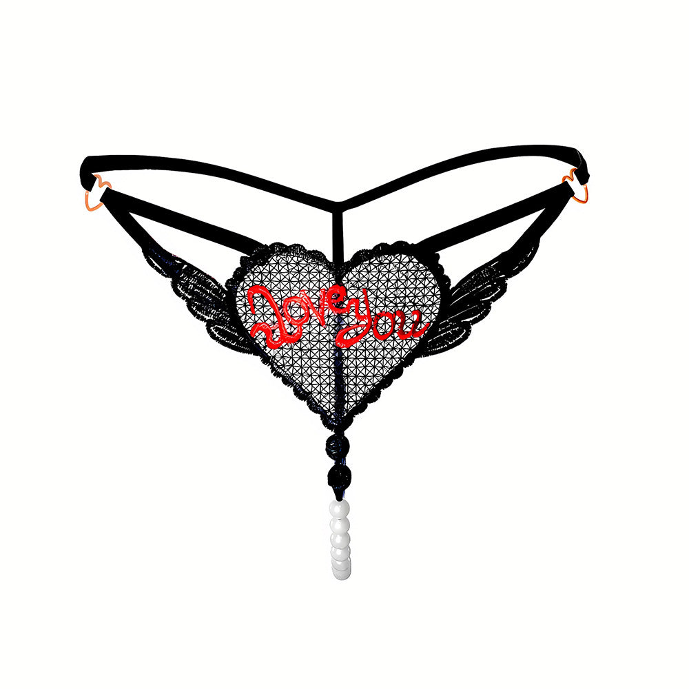 "Love You" Open Crotch Mesh Underwear With Pearls