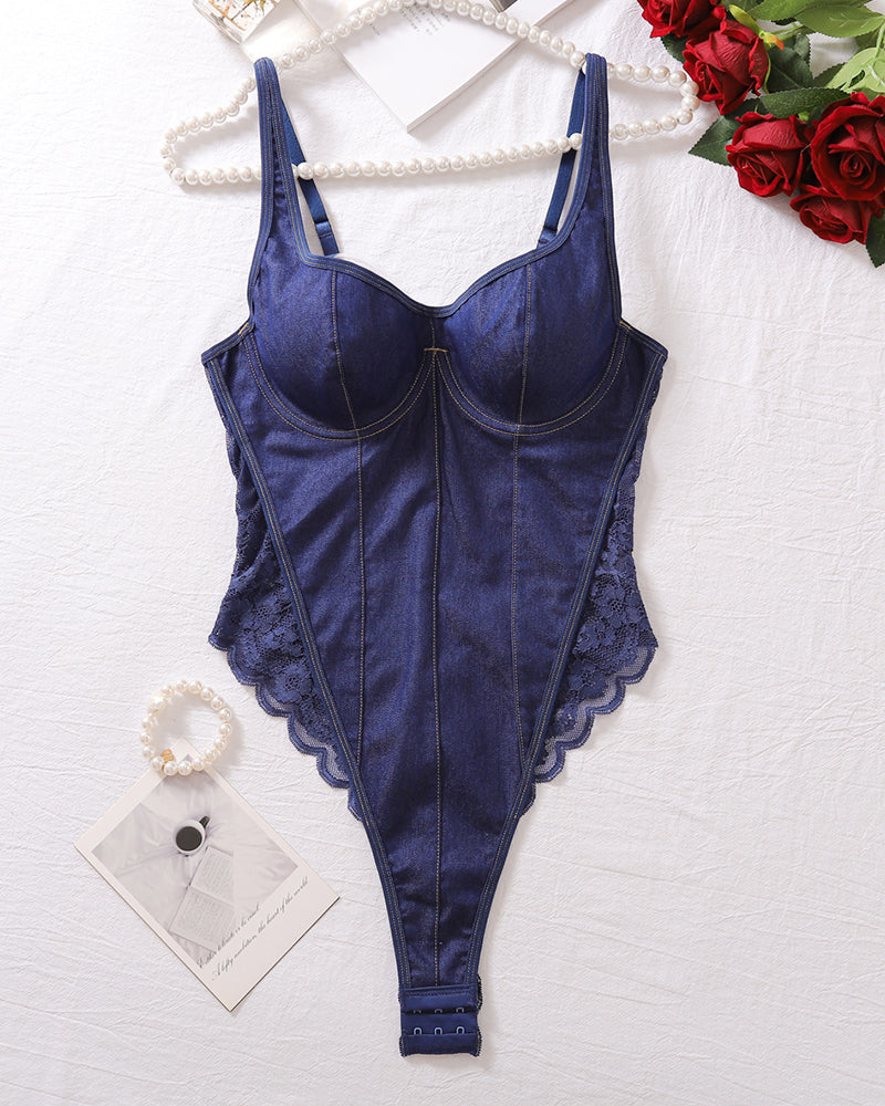 Backless Lace Denim Bodysuits