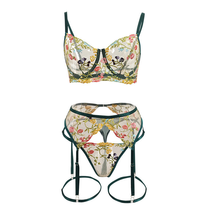 Idyllic 4-Piece Erotic Lingerie Set Floral Embroidered Underwire Bra Thong with Leg Rings