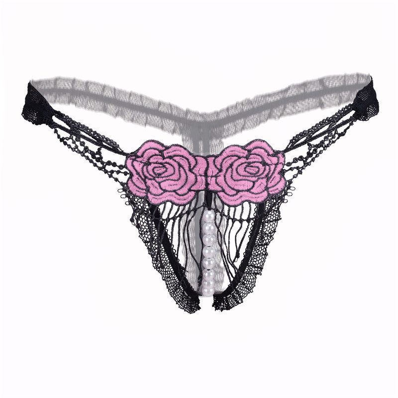 Open Crotch Mesh Flower Embroidery Thong