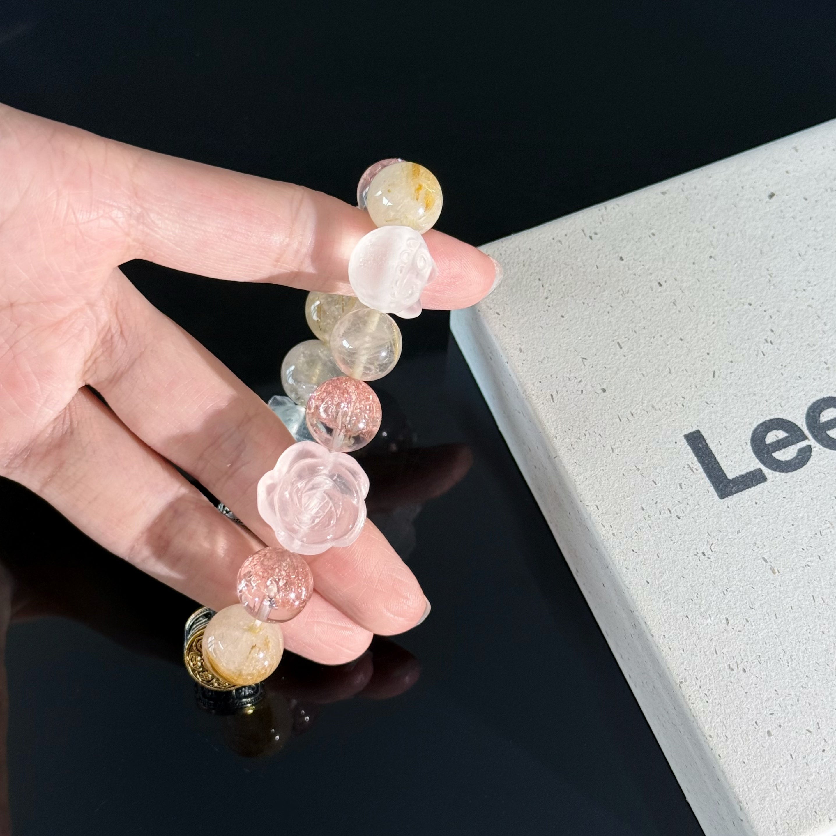 Handcrafted Crystal Pendant Bracelet — Featuring Carved Jade Rabbit and Floral Accents