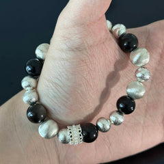 Handcrafted Black Onyx and Textured Silver Bead Bracelet — Luxurious Stretch Crystal Bracelet Adorned with Rhinestone Accents