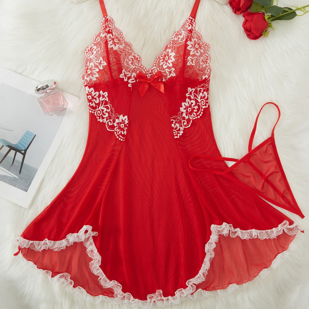 Erotic Lingerie with Lace Ruffle Design See-Through Sling Nightgown