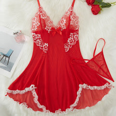 Erotic Lingerie with Lace Ruffle Design See-Through Sling Nightgown
