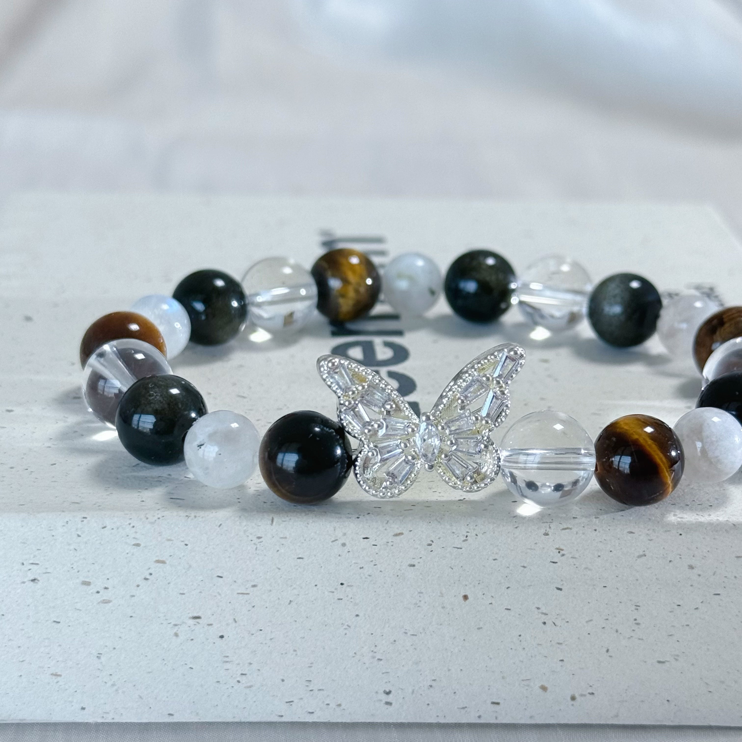 Tiger Eye Obsidian Clear Quartz Butterfly Charm Bracelet