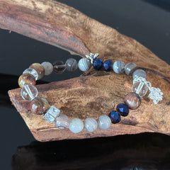 Handcrafted Bracelet featuring Colorful Agate and Clear Crystal — A Handmade Healing Gemstone Bracelet with a Flower Charm