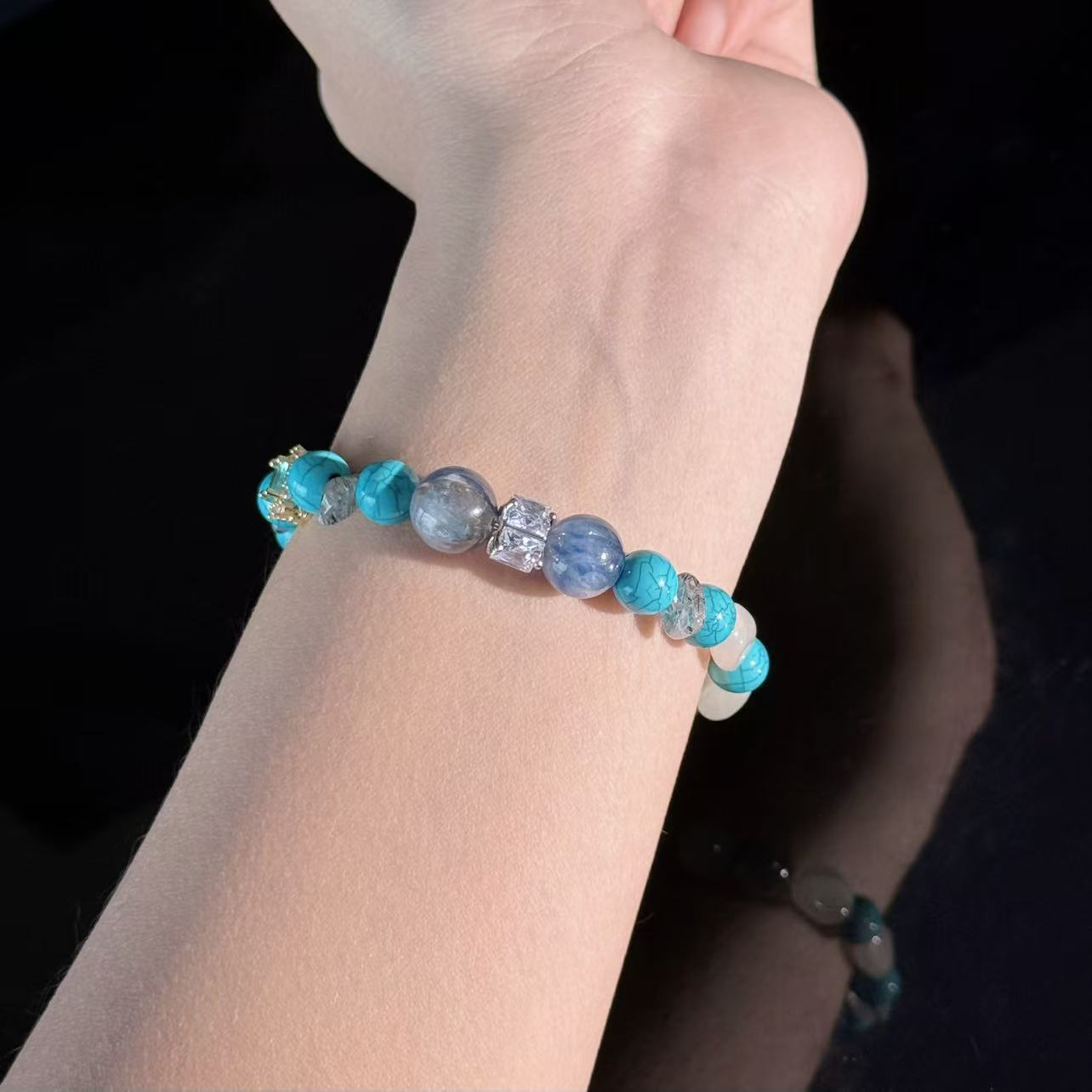 Turquoise, Kyanite, and Clear Quartz Bracelet — Handcrafted Healing Gemstone Bracelet