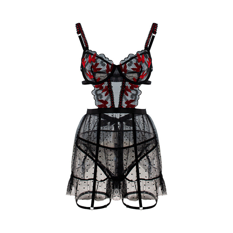 Erotic Triangle Underpants Spot Mesh Transparent Butterfly Embroidery Sling One-piece Dress Set