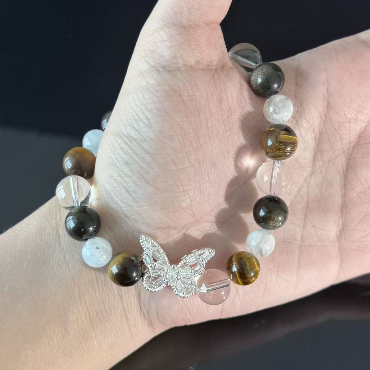 Tiger's Eye and Clear Quartz Bracelet (with Butterfly Charm) — A Handcrafted Beaded Bracelet Symbolizing Protection and Balanced Energy