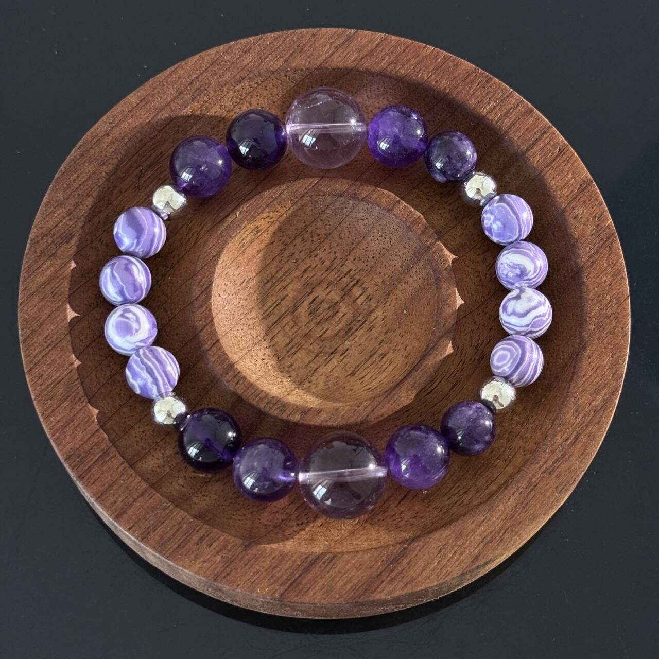 Handcrafted Amethyst and Purple Agate Bracelet — Lavender Gemstone Stretch Strand