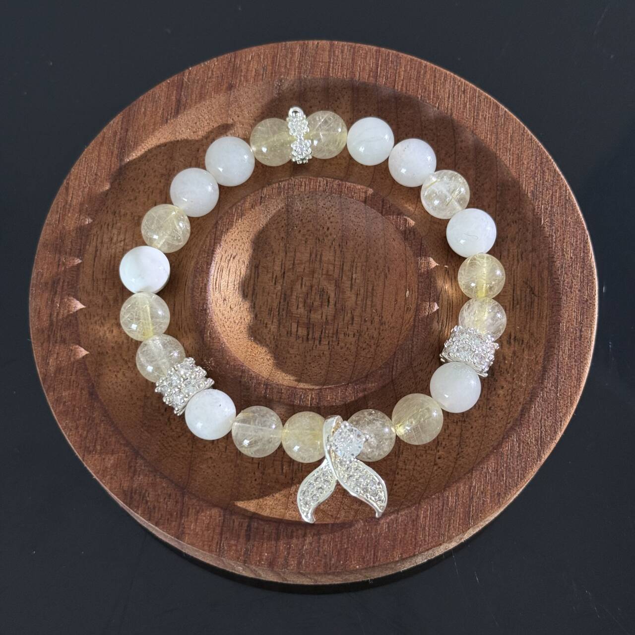 Handcrafted Titanium Quartz & White Jade Beaded Bracelet (with Crystal Pendant) — Elegant  Healing Gemstone Stretch Bracelet
