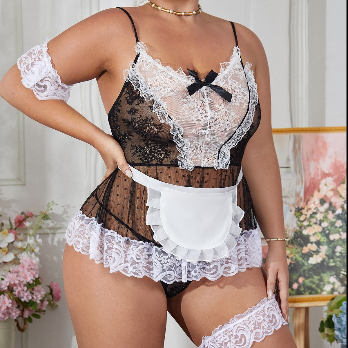 Plus Size Maid Costume Sling Lace Seduction Night Skirt Suit
