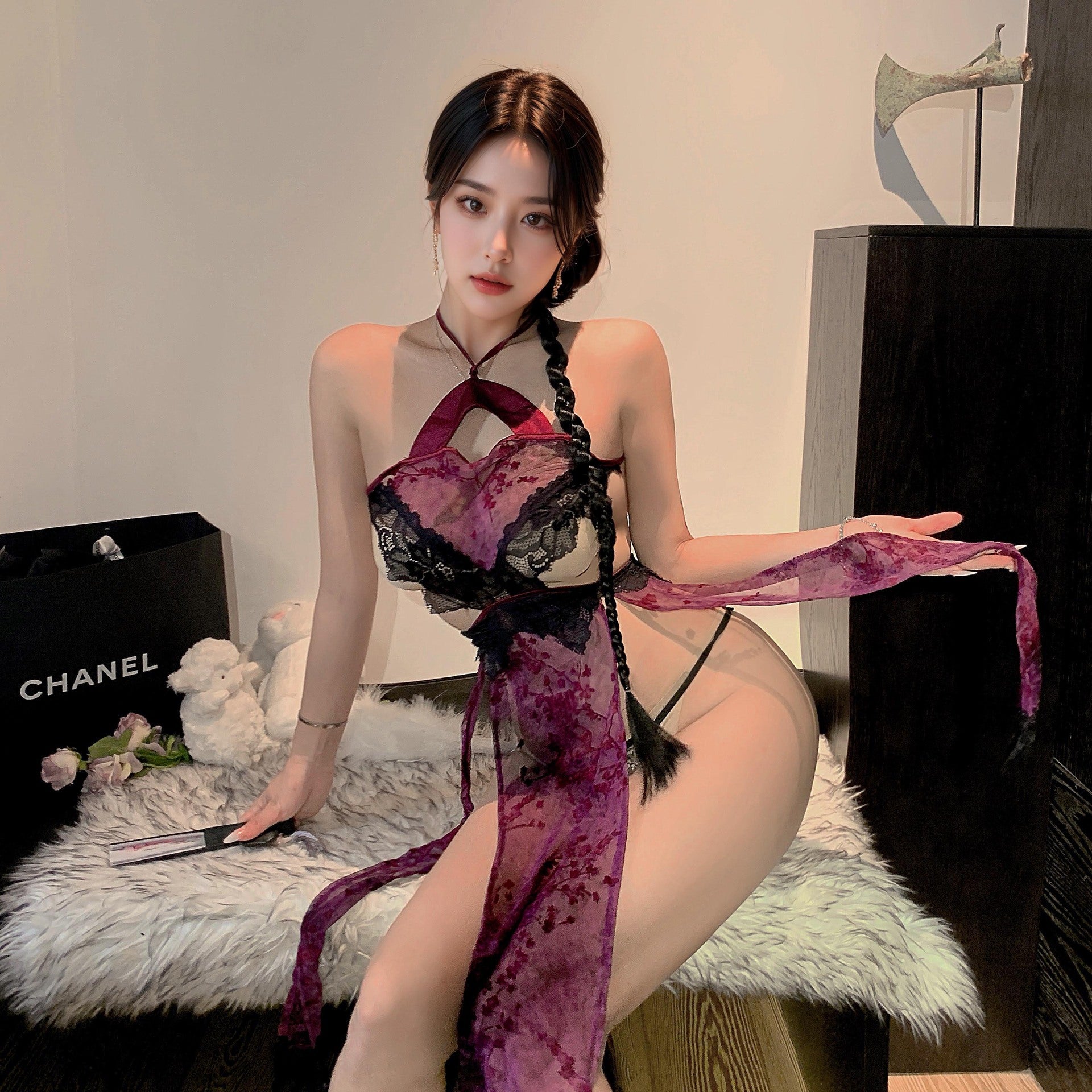 Sheer Halter Neck Cheongsam Uniform Suit