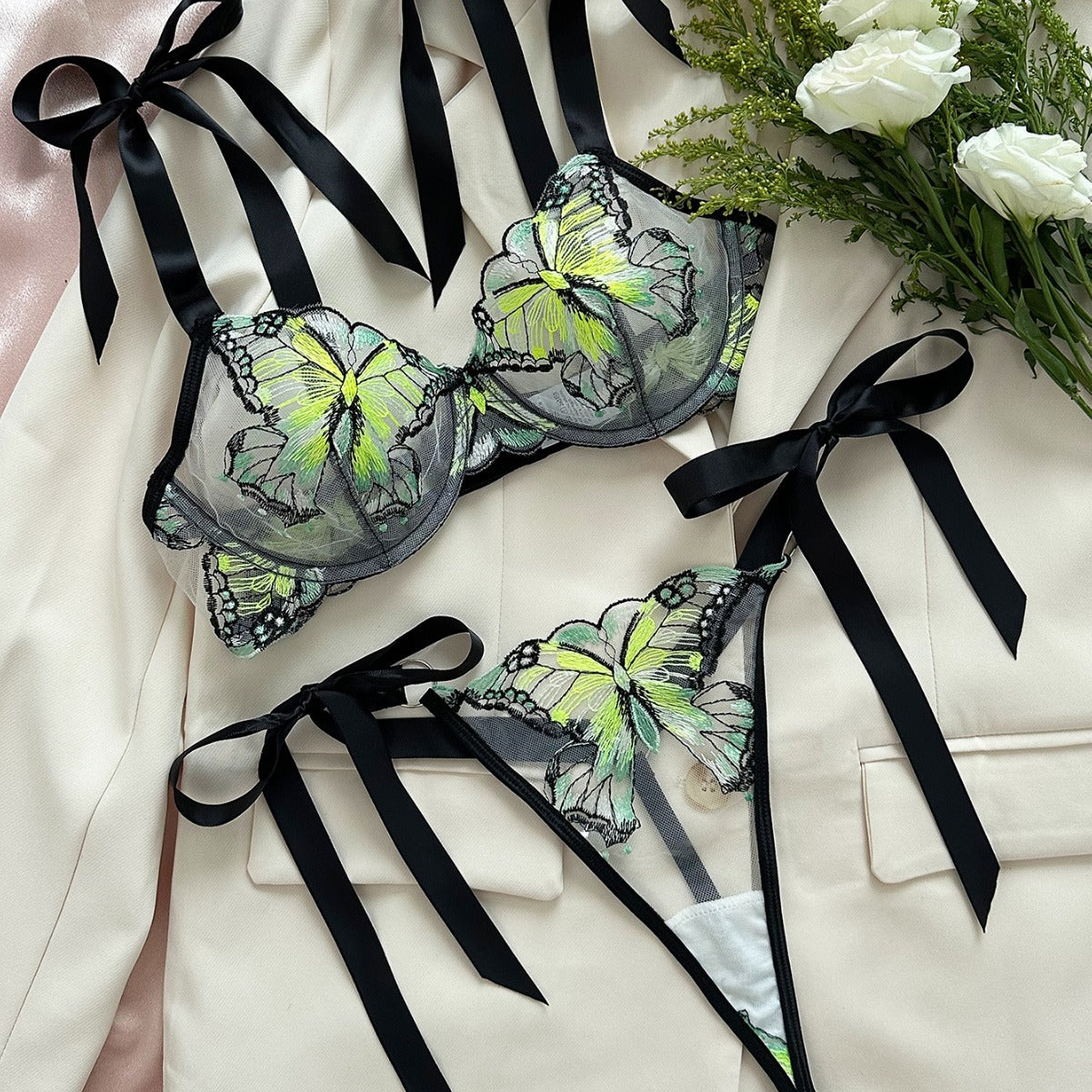 Butterfly Mesh Embroidery See-through Lingerie Set