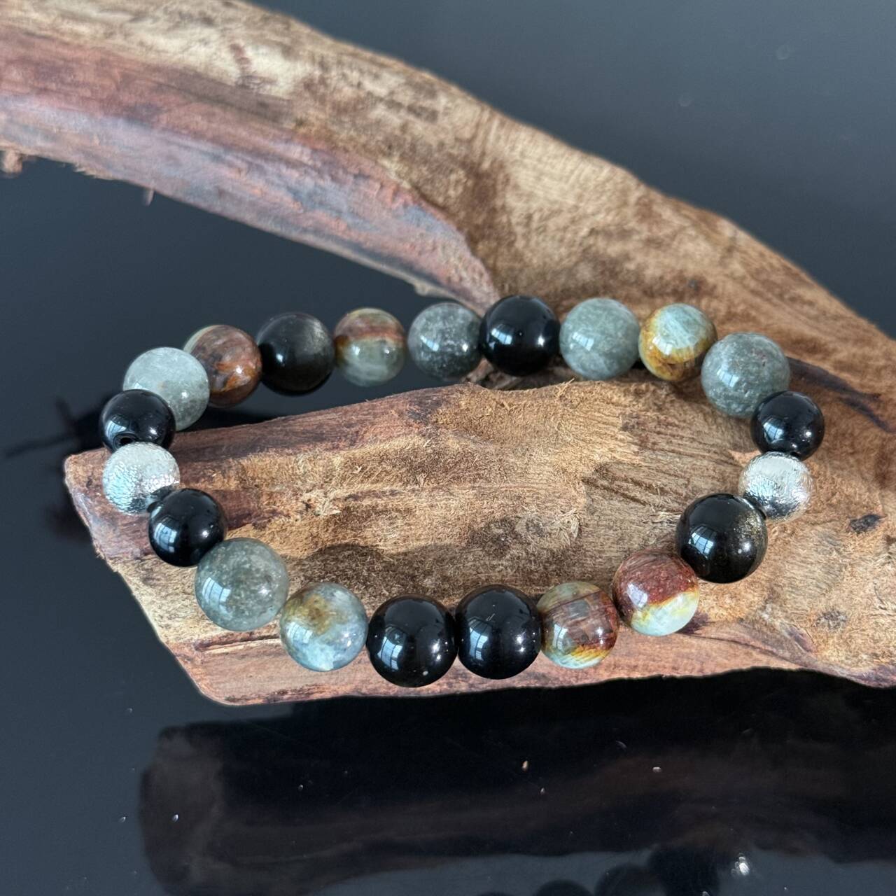 Handcrafted Amazonite & Obsidian Crystal Bracelet | Protection, Balance, and Positive Energy Healing Bracelet