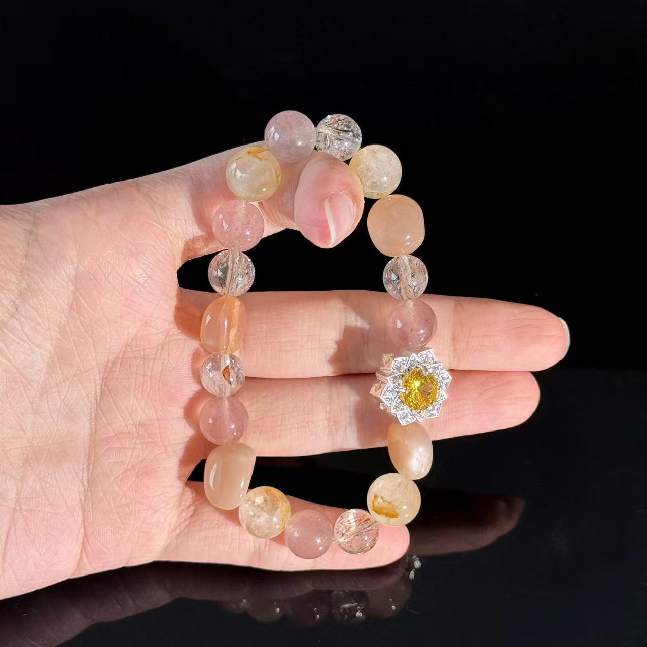 Sunstone, Rose Quartz Citrine Crystal Bracelet – Handmade Healing Beaded Bracelet with Floral Charm