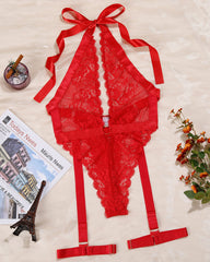 Deep V Neck Lace Halter Bodysuits