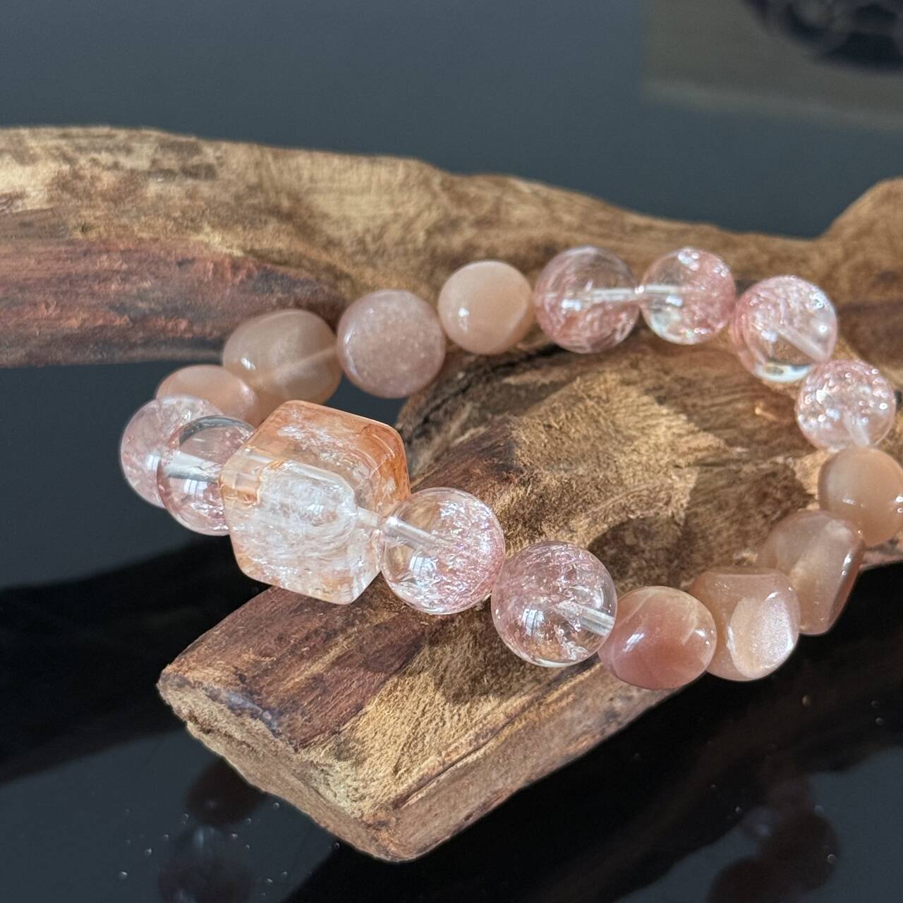Handcrafted Rose Quartz & Strawberry Quartz Bracelet — Healing Love Energy Beaded Stretch Bracelet Featuring a Center Stone