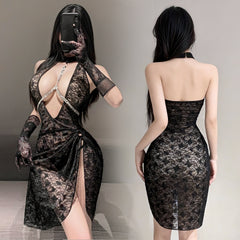 Flash Chain Breastpin Charming See-through Lace Dress