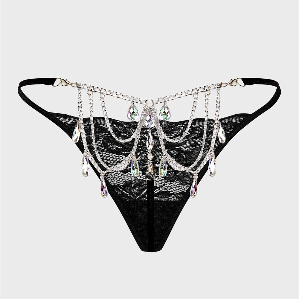 Thong Lace Water Drop Gem Embellished Breathable