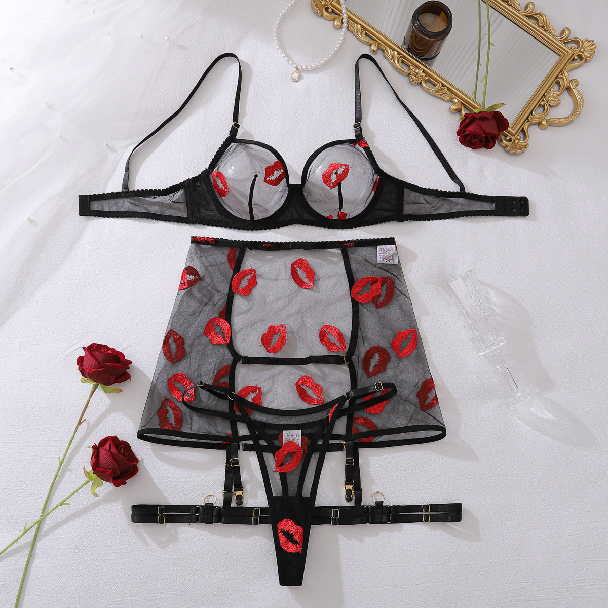 Mesh Transparent Embroidered Red Lips Lingerie