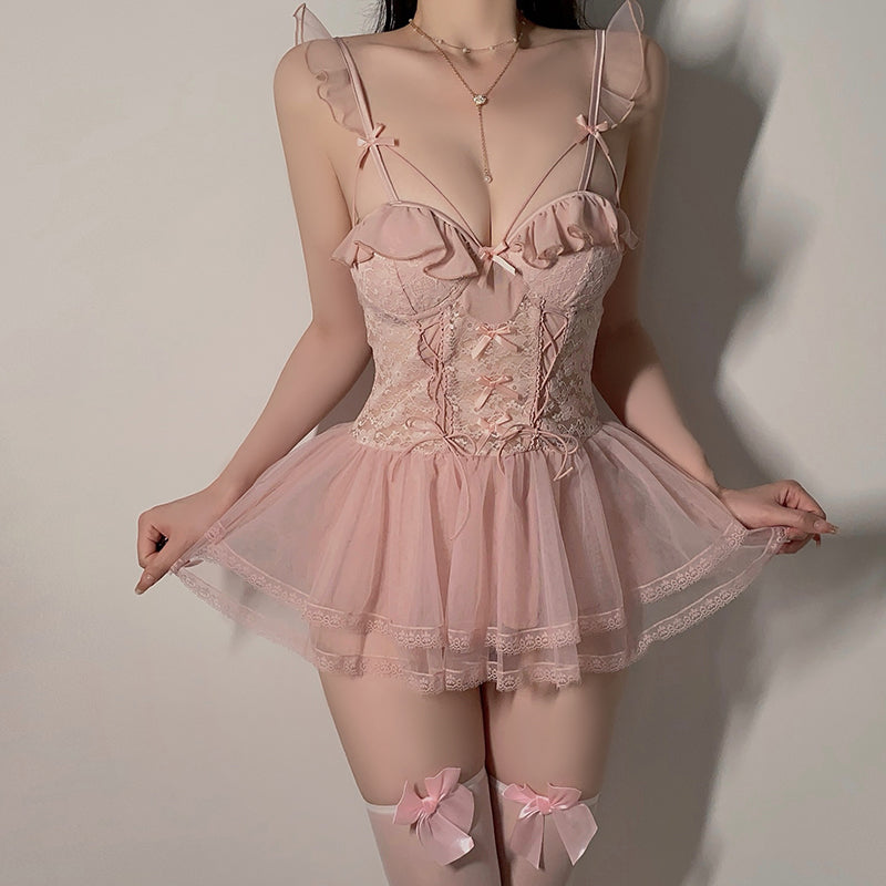 Sweet Style Mesh Cinched Lace-up Lingerie