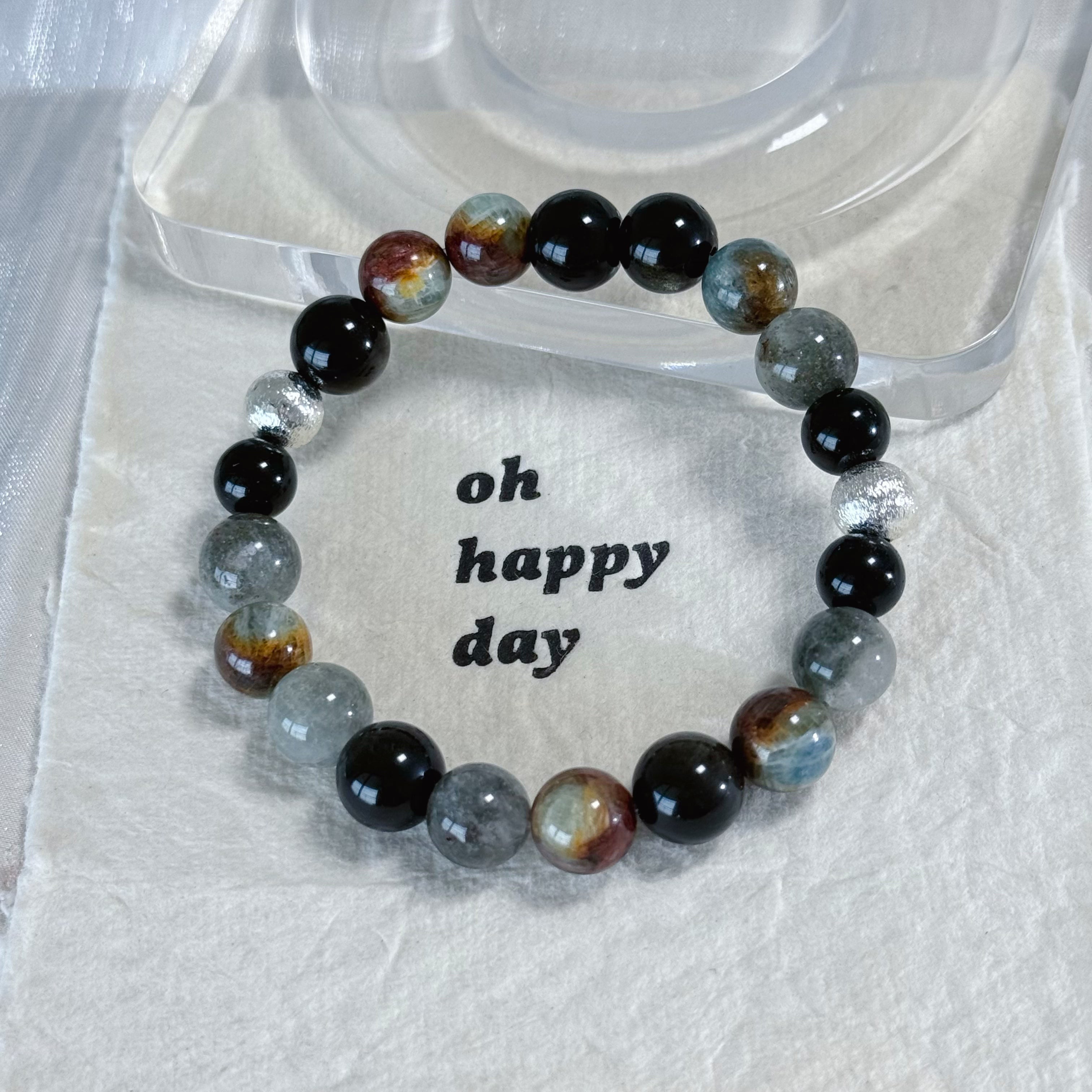 Natural Obsidian & Phantom Quartz Multi-Stone Bracelet | Grounding & Protection Crystal Jewelry